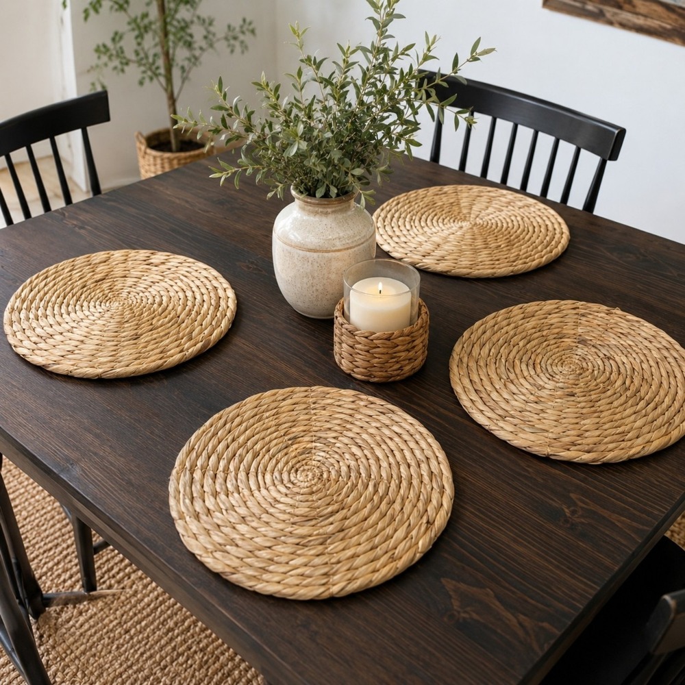 Round Woven Natural Fiber Placemats Set of 4 13" Boho Farmhouse Rustic